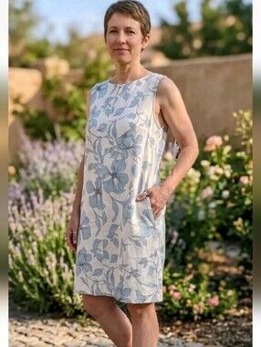 Cynthia Rowley Linen Dress Ivory Light Blue Floral Pockets Size 2X Pullover